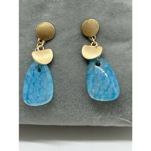 Brushed Brass Gold Toned And Blue Agate Post Back Drop Earrings